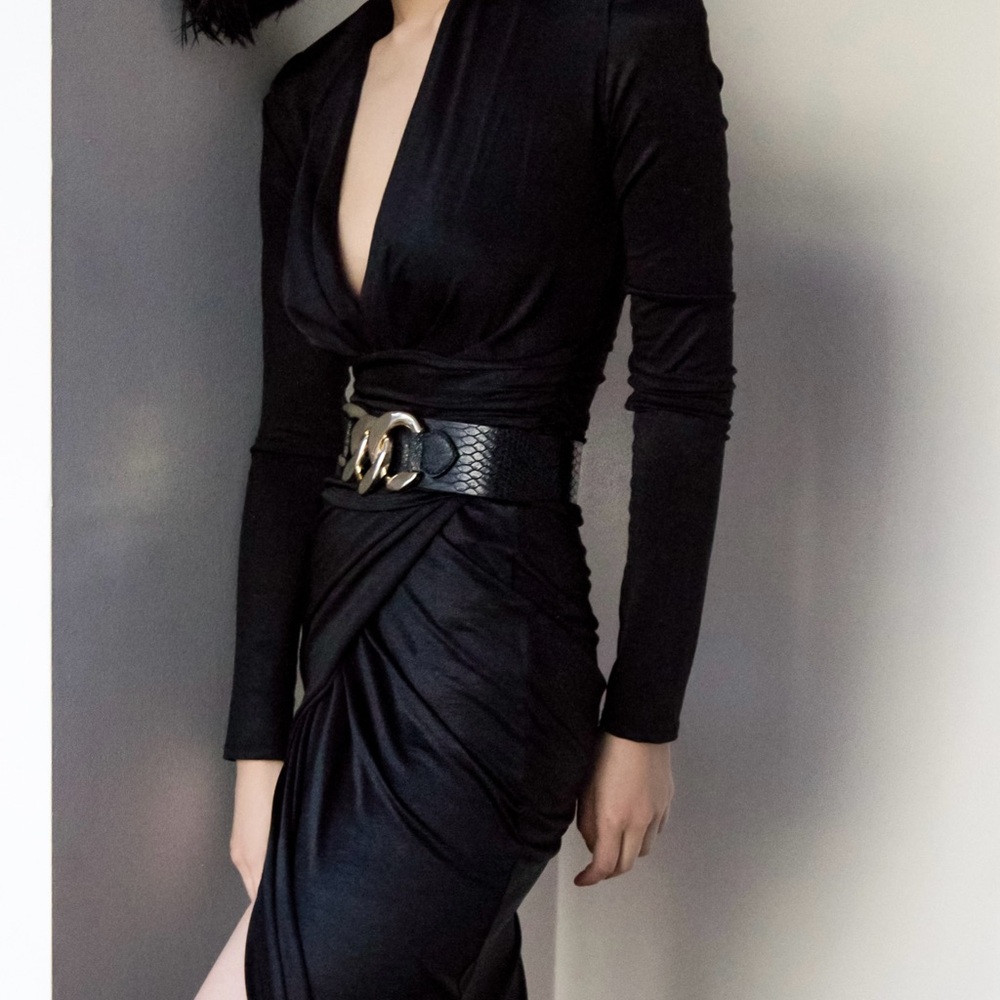 Shoulder pad deep V neck maxi dress